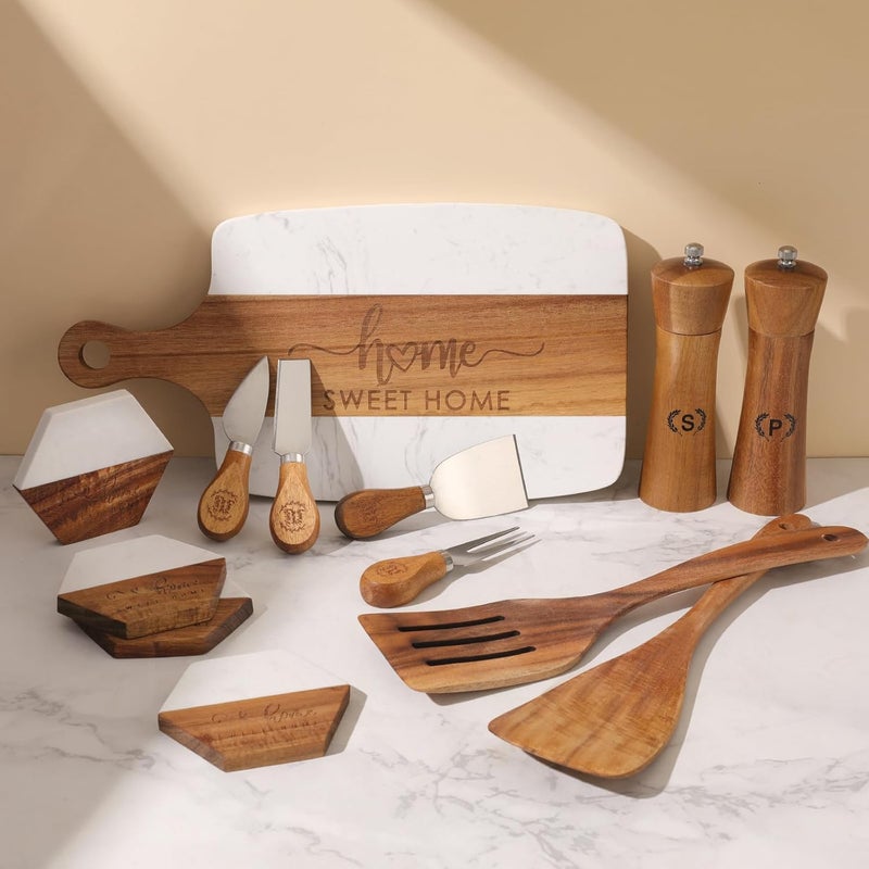 Grajar Luxury Kitchen Gift Set for Housewarming – Marble Cheese Board, Acacia Wooden Grinders, Cheese Knives & Utensils, Coaster Set – Elegant Charcuterie & Cooking Gift Box for Women, Couples, New Home - Image 3
